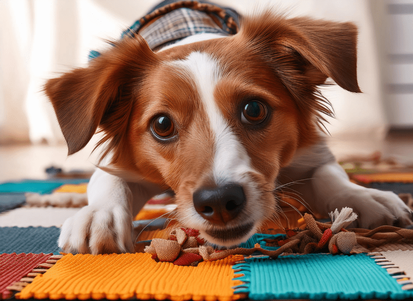 Happy dog searching for treats on a snuffle mat