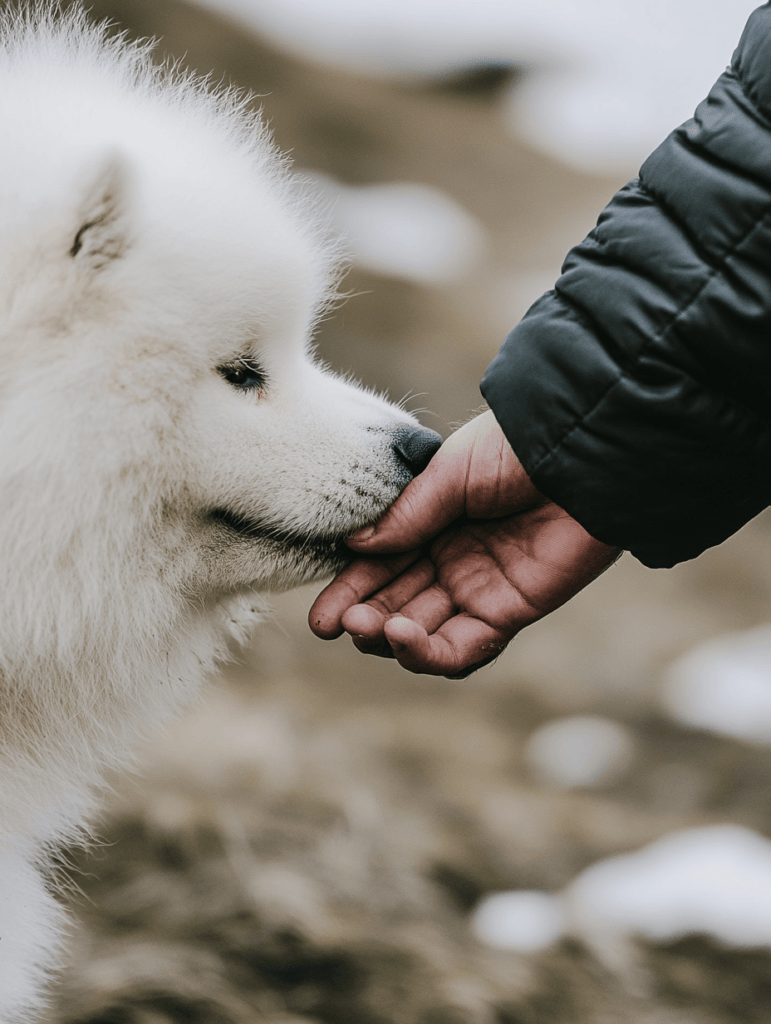 White fluffy dog sniffing hand